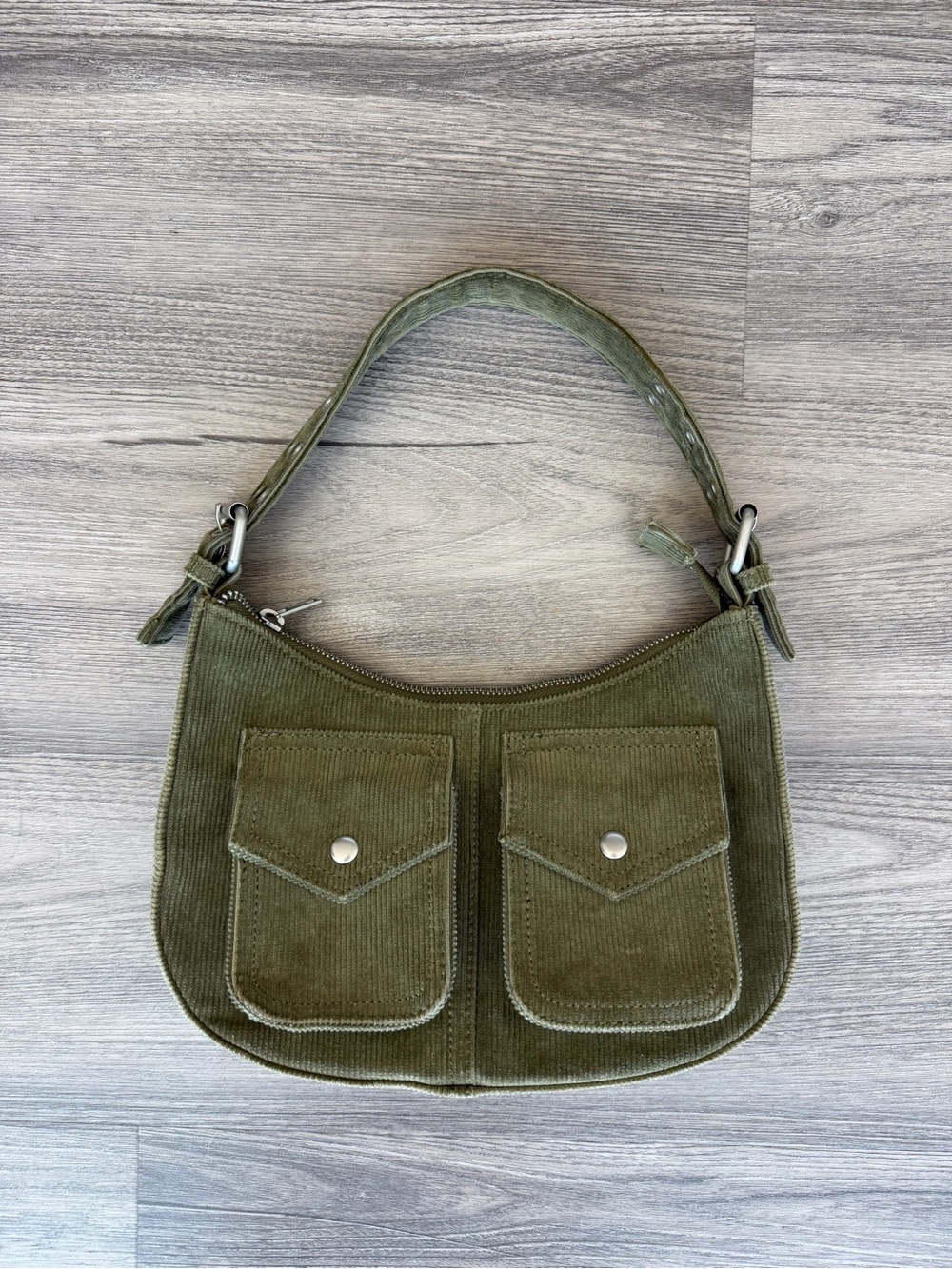 Brandy Melville Olive Green Corduroy Shoulder Bag with Dual Front Pockets
